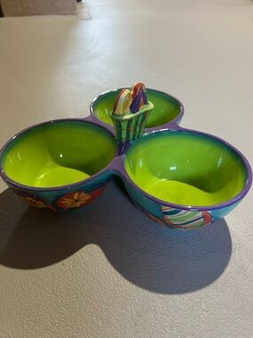Clay Art Flip Flop Colorful Triple Ceramic Serving Dish